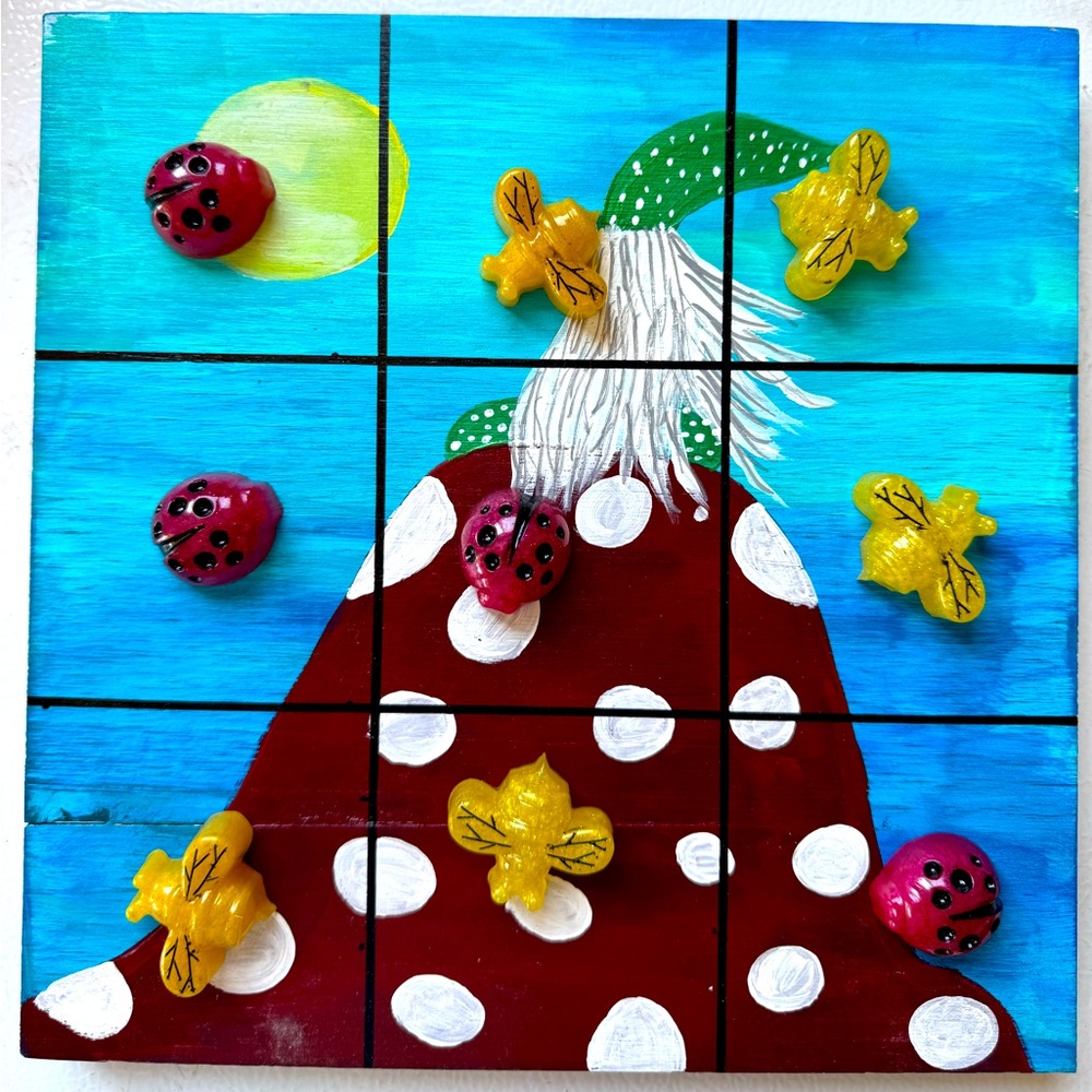 Handmade Elf and Bugs Wood  and Resin Tic-Tac-Toe Game